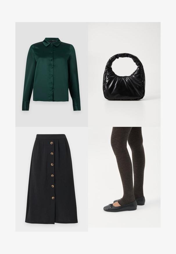 Mørkegrøn satinbluse med lange ærmer, spidse kraver og knapper foran. Glat tekstur og tætsiddende design.; Sort midi-nederdel med en glat tekstur, der har seks bronzefarvede knapper foran og en talje fremhævet af et bredt bånd.; Ben iført mørke ribbede leggings kombineret med sorte balletsko med små sløjfedetaljer på hvid baggrund.; Sort polstret håndtaske med et rundt håndtag, der har en glat, skinnende overflade og en blød, kviltet tekstur. Ingen synlige hardware eller accenter.