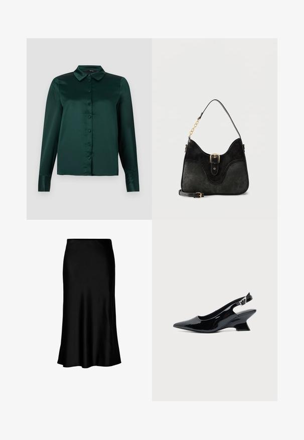 Blusa de satén verde oscuro con mangas largas, cuello puntiagudo y botones frontales. Textura suave y diseño ajustado.; Falda midi de satén negro con una textura suave, dobladillo acampanado y una cinturilla ajustada, que presenta un diseño simple y clásico.; Zapato slingback de cuero charol negro con puntera puntiaguda y tacón bajo en bloque inclinado sobre fondo claro liso.; Bolso de cuero negro con detalle de hebilla dorada, una correa de hombro con eslabones de cadena y una correa cruzada desmontable y ajustable.