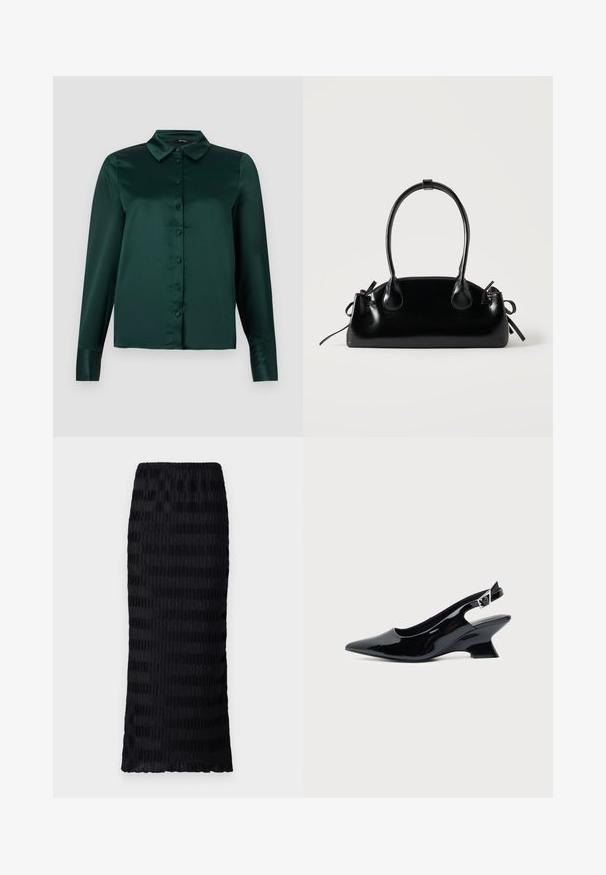 Blusa de satén verde oscuro con mangas largas, cuello puntiagudo y botones frontales. Textura suave y diseño ajustado.; Falda negra hasta la rodilla con un diseño texturizado y plisado. Cintura elástica, tela suave con rayas alternas mates y brillantes.; Zapato slingback de cuero charol negro con puntera puntiaguda y tacón bajo en bloque inclinado sobre fondo claro liso.; Pequeño bolso negro brillante con dos asas largas y detalles de cordón lateral sobre un fondo claro liso.