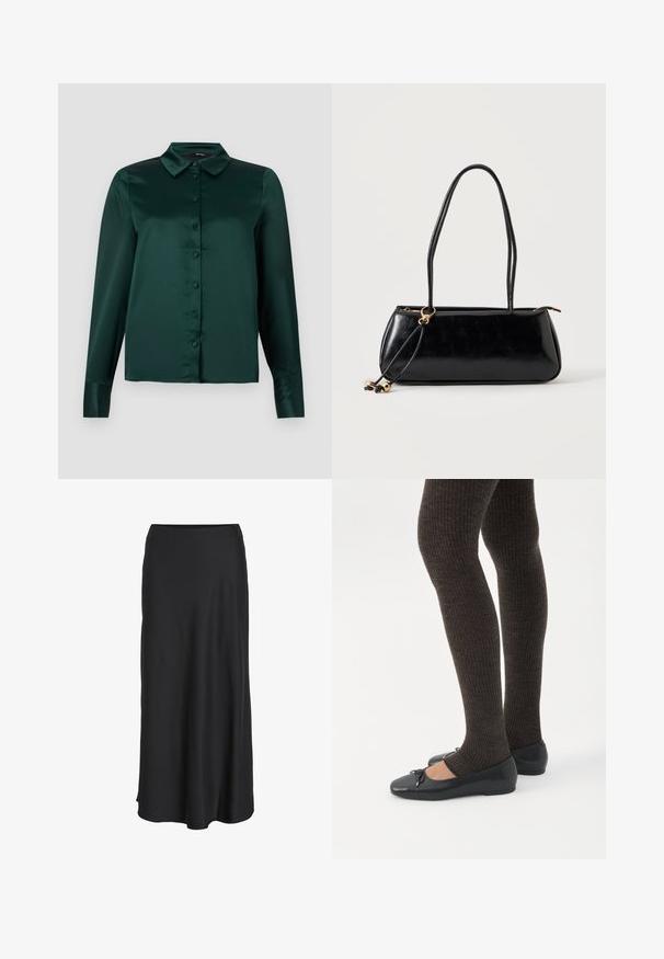 Blusa de satén verde oscuro con mangas largas, cuello puntiagudo y botones frontales. Textura suave y diseño ajustado.; Falda larga negra confeccionada en una tela suave y ligera. Presenta una silueta sencilla en línea A con un dobladillo ligeramente acampanado y sin cierres visibles.; Piernas con leggings oscuros acanalados combinados con bailarinas negras que presentan pequeños detalles de lazo sobre un fondo blanco.; Bolso rectangular negro con dos tirantes largos, detalle de anilla dorada y cierre de cremallera sobre un fondo liso claro.