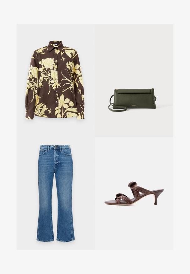 Brun langærmet skjorte med store gule blomster mønstre, spids krave og knaplukning foran. Lavet af letvægtsstof.; Bredde blå jeans lavet af denim, med en midt-høj talje, lynlås og kontraststikning, i en lys vask med subtilt falm.; Brun vævet læder-sandal med to remme og en lav kittenhæle på en ensfarvet hvid baggrund.; Mørkegrøn struktureret læder crossbody taske med klaplukning og tynd justerbar rem, præget med lille guld "Bee Projects" logo.