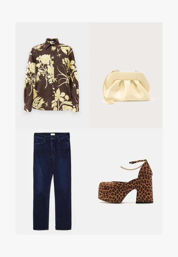 Brun langærmet skjorte med store gule blomster mønstre, spids krave og knaplukning foran. Lavet af letvægtsstof.; Mørkeblå denimjeans med slim fit, fem-lomme design, stikninger og lige benudskæring. Har en knap- og lynlås lukning.; Leopardprint platformhæle med en tyk blokhæl, ankelrem og guldkæde-detalje. Lavet af tekstureret materiale.; Clutch-taske i cremefarvet læder med en struktureret topramme og håndledsrem, vist mod en enkel lys baggrund.