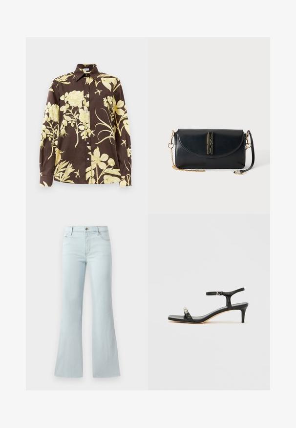Camisa de manga larga marrón con grandes patrones florales amarillos, cuello puntiagudo y cierre de botones. Fabricada en tejido ligero.; Jeans de mezclilla de corte acampanado en azul claro. Presentan un diseño clásico de cinco bolsillos y un cierre delantero con botón. Textura suave en toda su superficie.; Sandalia de tacón de cuero negro con correa en el tobillo, punta abierta, frente cuadrado y detalle en hardware plateado. Diseño ajustado con un perfil elegante.; Bolso bandolera de cuero negro con solapa curva, correa de cadena dorada y cierre dorado en forma de pinza para la ropa sobre fondo liso.