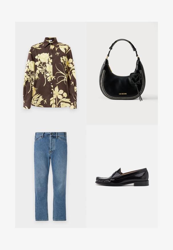 Brun langærmet skjorte med store gule blomster mønstre, spids krave og knaplukning foran. Lavet af letvægtsstof.; Lyseblå denim jeans med lige ben, der har en lynlås i gylpen, fem lommer og subtile syninger. Ingen udsmykninger eller mønstre.; Sorte læder moccasin sko med en skinnende finish, der har frynsedetaljer langs fronten og en lav stabelhælk.; Sort hobo-taske i læder med kontrasterende hvide syninger, buet form, gulddetaljer og en dekorativ 'M'-vedhæng.