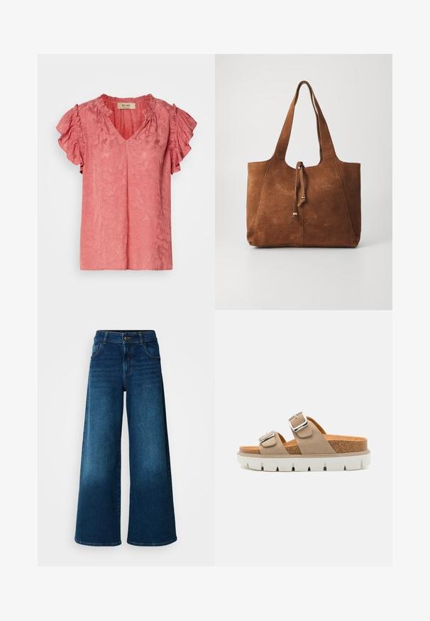 Lyserød kortærmet bluse med flæsekantede ærmer, V-udskæring, tekstureret blomstermønster og blødt stoffinish. Mærket er synligt inden i kraven.; Viddejeans lavet af mørkeblå denim. Har høj talje, knaplukning og klassisk fem-lomme design med subtile falme.; Beige slidesandaler med to justerbare remme, korkmellemsål og hvid gummiydersål med et struktureret mønster.; Brun ruskinds tote bag med to lange håndtag, snøre lukning og glat tekstur. Har et enkelt design og minimale accenter.
