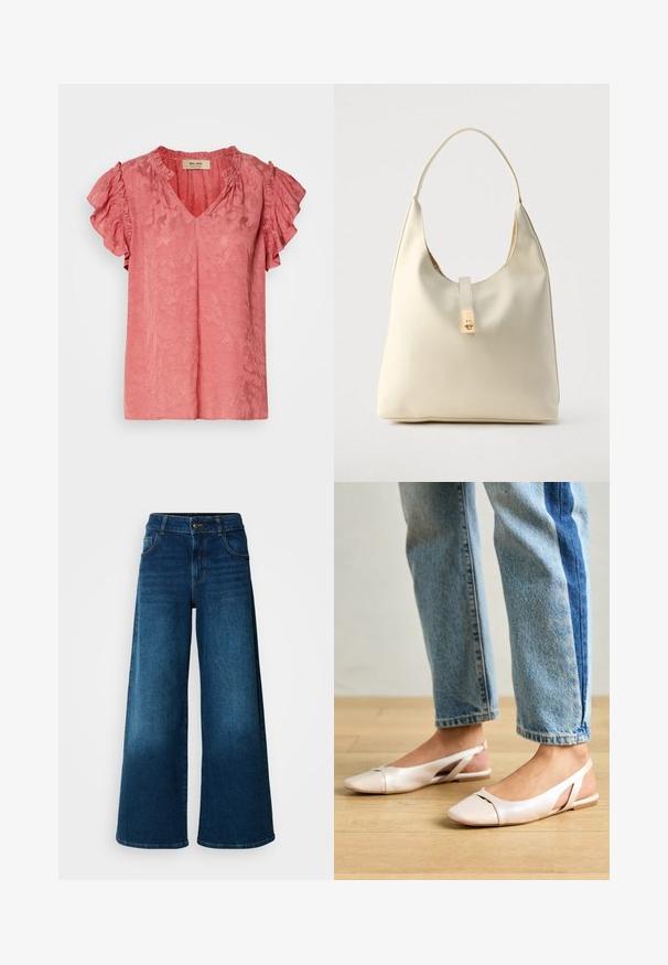 Roze blouse met korte mouwen, met ruches aan de mouwen, V-hals, een gestructureerd bloemenpatroon en een zachte stofafwerking. Merketiket zichtbaar binnen de kraag.; Wijde jeans van donkerblauwe denim. Heeft een hoge taille, knoopsluiting en klassiek vijf-vakken ontwerp met subtiele vervaging.; Zachtroze slingback ballerina's met een spitse neus, gemaakt van een glad leerachtig materiaal. Bevat uitsnijdingen aan de zijkanten en heeft een platte hak.; Crèmekleurige leren hobo-tas met een enkele schouderband, een gladde textuur en een goudkleurige sluiting aan de voorkant.