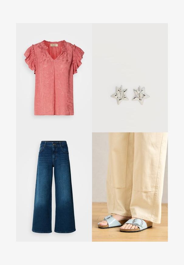 Lyserød kortærmet bluse med flæsekantede ærmer, V-udskæring, tekstureret blomstermønster og blødt stoffinish. Mærket er synligt inden i kraven.; Viddejeans lavet af mørkeblå denim. Har høj talje, knaplukning og klassisk fem-lomme design med subtile falme.; Lysblå strandsandaler med en bred rem og sølvspænde, der har en tekstureret kork-sål og en sort gummiydersål.; Sølv stjerneformede øreringe med en glat, poleret finish på en ensfarvet hvid baggrund.