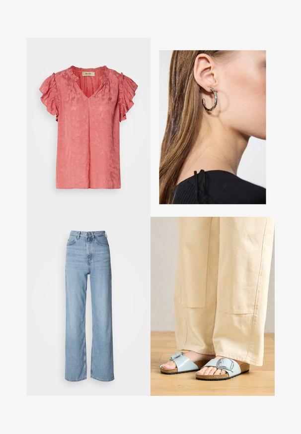 Lyserød kortærmet bluse med flæsekantede ærmer, V-udskæring, tekstureret blomstermønster og blødt stoffinish. Mærket er synligt inden i kraven.; Lyseblå højtskårne jeans med lige ben, lavet af denim, med frontknaplukning og diskrete falmede detaljer.; Lysblå strandsandaler med en bred rem og sølvspænde, der har en tekstureret kork-sål og en sort gummiydersål.; Sølv hoop ørestik med en poleret overflade, prydet med små guld accenter og en rund form, båret på øreflippen.