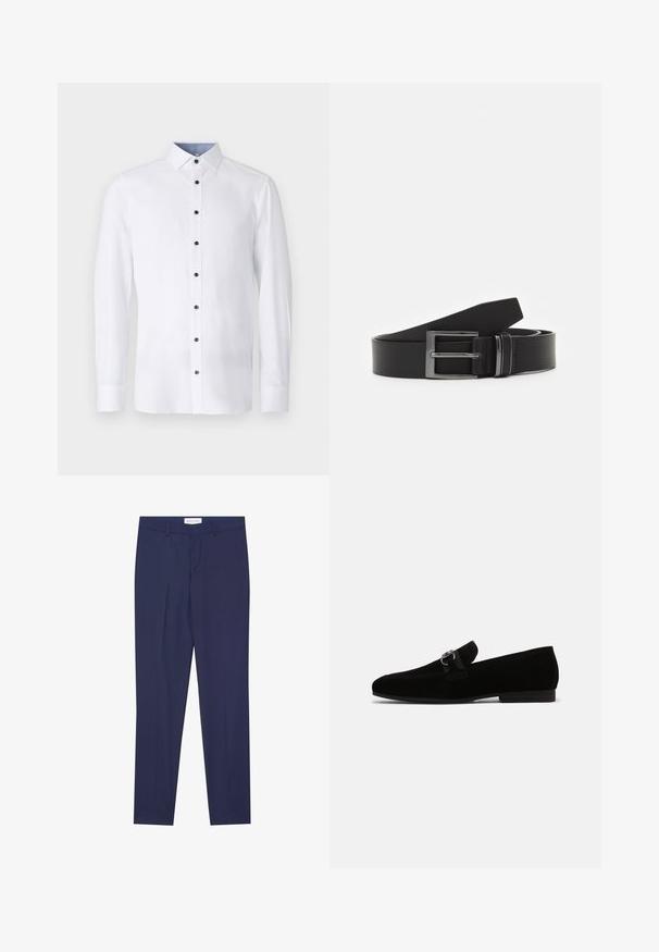 Chemise blanche à manches longues avec un col classique, boutons noirs sur le devant, et détail intérieur de col bleu clair contrastant. Texture de tissu lisse.; Pantalons de costume navy en tissu lisse, dotés d'un devant plat, de deux poches latérales, d'une fermeture éclair et d'un ourlet net sans motifs ni accents.; Mocassins en daim noir avec un petit talon, ornés d'une sangle en tissu et d'une boucle en argent décorative. Texture lisse, design à bout pointu.; Ceinture en cuir noir avec une boucle en métal argenté rectangulaire, au design plat et à la texture lisse. Les extrémités s'effilent pour un enfilage facile.