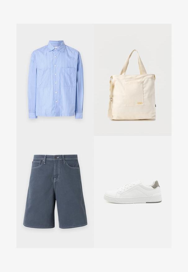 Lichtblauw gestreept shirt met lange mouwen, twee voorkruiden, knoopsluiting, en contrasterende dunne strepen. Gemaakt van een katoenmix.; Donkerblauwe katoenen shorts met witte stiksels, vijf zakken en een knoopsluiting in de taille. Rechte pijpen, minimale details.; Witte sneaker van glad leer met een ronde neus, minimalistisch ontwerp, grijze hielaccent en een geplaatste rubberen zool.; Crèmekleurige canvas boodschappentas met voorvak, twee handvatten, verstelbare schouderriem en kleine gele "O.N.S" tekst rechtsonder op het vak.