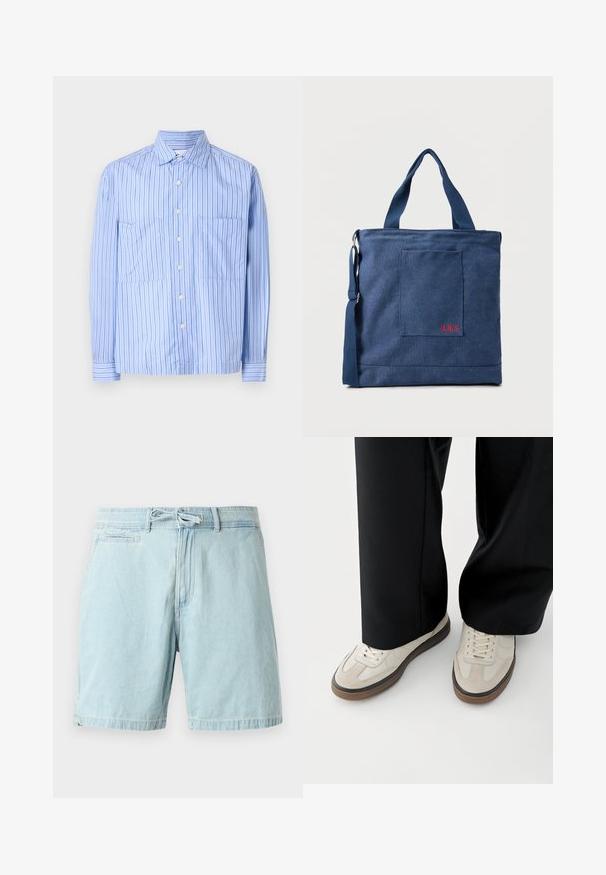 Lyseblå stribet skjorte med lange ærmer, to forlommer, knaplukning og kontrasterende tynde striber. Fremstillet af en blanding af bomuldsmateriale.; Lyseblå denimshorts med elastisk talje og snøre detaljer, med sidelommer og en afslappet pasform. Glat tekstur, casual design.; Fødder iført beige sneakers med brune såler og sorte bukser med vide ben på hvid baggrund.; Blå lærredstote taske med frontlomme og rød "O.N.S" broderi, med to håndtag og en justerbar skulderrem.