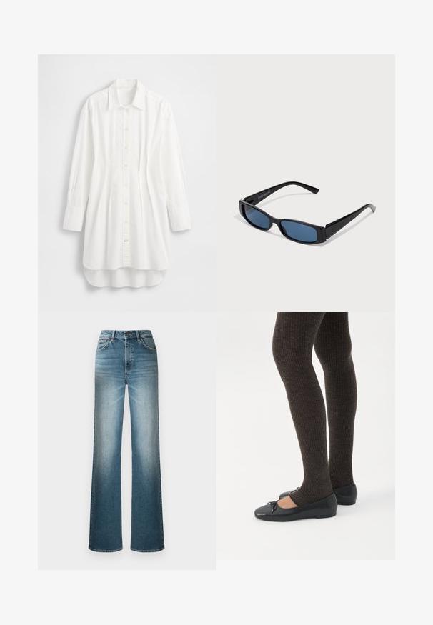 Camisa blanca de manga larga hecha de algodón; presenta cierre frontal con botones, cuello puntiagudo y dobladillo curvado con la parte trasera ligeramente más larga.; Jeans de mezclilla de tiro alto y pernera ancha en un tono azul claro. Presentan un diseño de cinco bolsillos y un efecto de desvanecimiento de arriba a abajo.; Piernas con leggings oscuros acanalados combinados con bailarinas negras que presentan pequeños detalles de lazo sobre un fondo blanco.; Gafas de sol negras con una elegante montura rectangular y lentes azules. Presentan una textura suave y varillas resistentes. Logo de la marca en el costado.