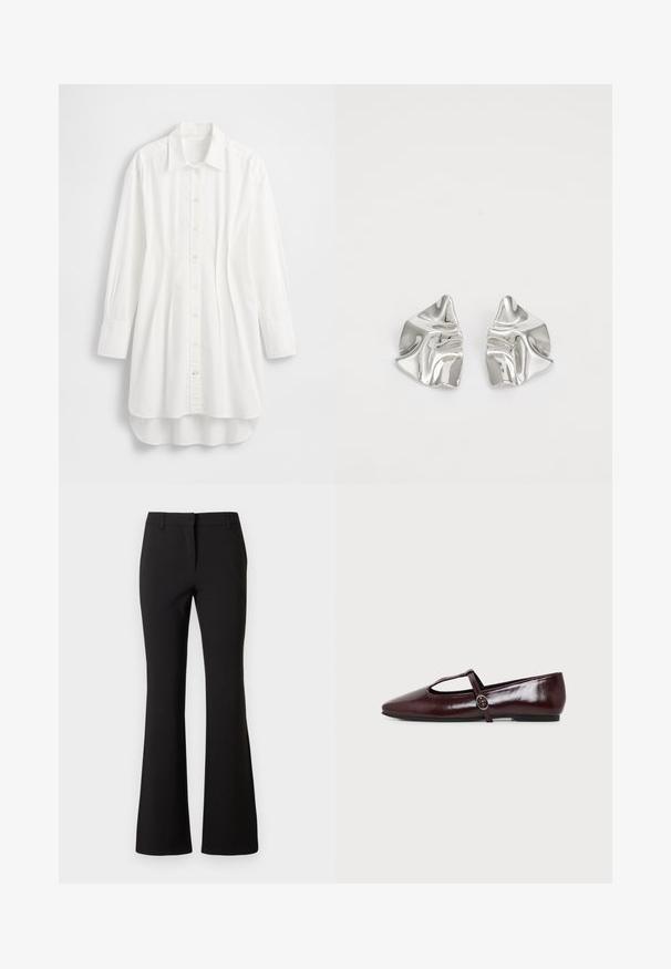 Camisa blanca de manga larga hecha de algodón; presenta cierre frontal con botones, cuello puntiagudo y dobladillo curvado con la parte trasera ligeramente más larga.; Pantalones negros acampanados de tela suave, con pliegue frontal, trabillas para cinturón y un ajuste entallado. Diseño limpio sin patrones visibles.; Zapato plano de cuero burdeos oscuro con punta puntiaguda y una fina tira en forma de T con hebilla plateada sobre un fondo blanco.; Pendientes de metal plateado con un diseño ondulado y escultórico, que presentan un acabado pulido y formas irregulares, destacando una estética contemporánea.