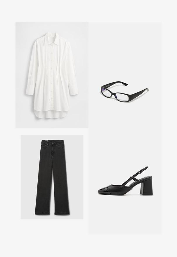 Camisa blanca de manga larga hecha de algodón; presenta cierre frontal con botones, cuello puntiagudo y dobladillo curvado con la parte trasera ligeramente más larga.; Jeans negros de cintura alta y pierna recta con cinco bolsillos y remaches de cobre, dispuestos sobre un fondo gris claro.; Tacón slingback de charol negro con punta afilada, tacón cuadrado y correa ajustable. Textura suave y diseño minimalista.; Gafas rectangulares negras con lentes transparentes. Acabado brillante, varillas estrechas y tinte púrpura visible en los bordes de los lentes.