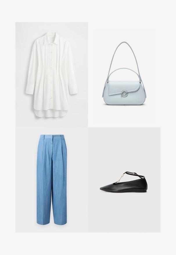 Camisa blanca de manga larga hecha de algodón; presenta cierre frontal con botones, cuello puntiagudo y dobladillo curvado con la parte trasera ligeramente más larga.; Pantalones de pierna ancha de talle alto en azul claro, con pliegues delanteros y bolsillos laterales, expuestos sobre un fondo blanco liso.; Bailarinas de cuero negro con punta afilada, diseño cortado, tira en el tobillo y detalle de cadena dorada. Textura suave, tacón minimal.; Bolso de cuero azul claro con solapa redondeada, cierre circular plateado y dos correas para el hombro sobre un fondo liso.