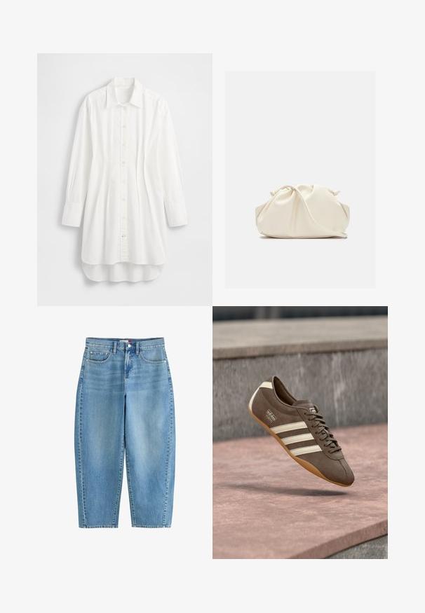 Chemise blanche à manches longues en coton ; dotée d'une fermeture boutonnée à l'avant, d'un col pointu et d'un ourlet incurvé avec un dos légèrement plus long.; Jean en denim bleu clair taille haute, coupe droite, fermeture devant avec boutons et fermeture éclair, et design à cinq poches.; Baskets en daim marron avec des rayures blanches et un logo, dotées d'un bout rond et d'une semelle en caoutchouc gomme, suspendues au-dessus d'une surface texturée.; Pochette en cuir souple couleur crème avec un design froncé et une fine bandoulière reposant à l’avant sur un fond uni.