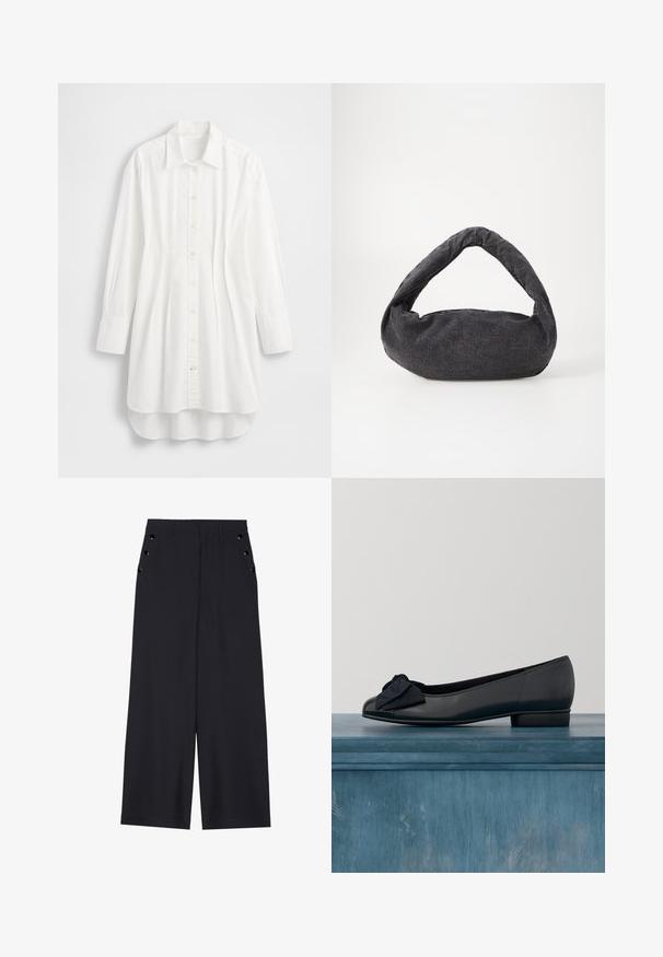 Camisa blanca de manga larga hecha de algodón; presenta cierre frontal con botones, cuello puntiagudo y dobladillo curvado con la parte trasera ligeramente más larga.; Pantalones de pierna ancha en tejido azul marino oscuro, con una textura suave, pliegues delanteros y ojales decorativos en tono dorado en los bolsillos laterales.; Bailarina de cuero negro con punta redondeada, que presenta una puntera de charol y un lazo de tela en la parte delantera. Tacón bajo y resistente.; Bolsa de tela gris oscuro con un asa curva, textura suave y forma redondeada. Sin hardware ni adornos visibles.