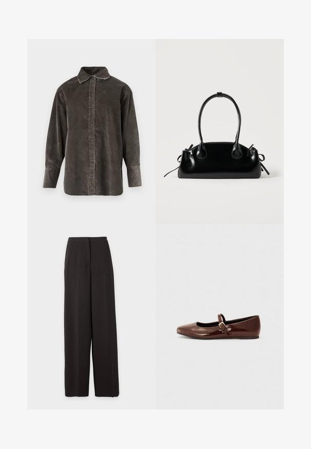 Chemise à manches longues en velours côtelé gris foncé, dotée d'une patte de boutonnage à l'avant, d'un col classique et d'une coupe décontractée avec des fentes latérales pour faciliter les mouvements.; Pantalon noir taille haute à jambes larges avec un devant plat et une fermeture dissimulée, présenté sur un fond clair uni.; Ballerine en cuir verni marron avec un bout carré et une lanière ornée d'une petite boucle dorée. Texture lisse, talon bas et design minimaliste.; Petit sac à main noir brillant avec deux longues anses et des détails à cordon sur les côtés sur un fond clair uni.