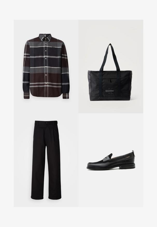 Barbour ICELOCH TAILORED TARTAN - Overhemd - midnight oak; Zwarte broeken van gladde stof, met een rechtlopende pijpontwerp, frontplooien en een enkele knoopsluiting bij de taille.; Zwarte leren loafer met grijs riemdetailelement, lage hak en gestructureerde zool, aan de zijkant gebrandmerkt met "HUGO" in goud.; Zwarte Calvin Klein draagtas met twee lange handvatten, een voorvak met rits en een logo gedrukt in het midden aan de voorkant.