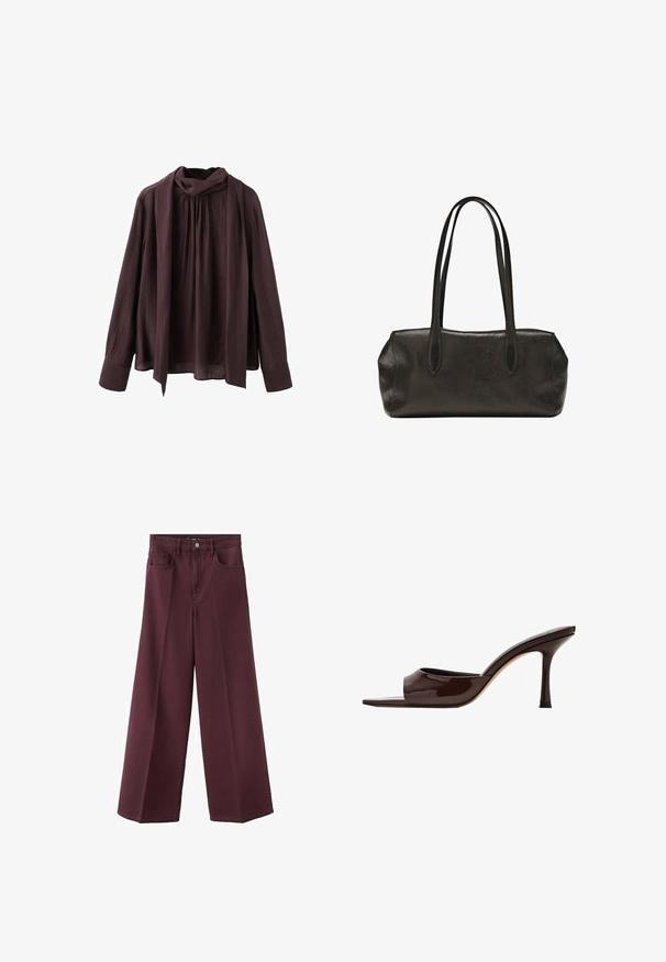 Blouse longue à manches longues de couleur marron foncé avec un col froncé et un détail de foulard long attaché, fabriquée dans un tissu texturé léger.; Pantalon bordeaux à jambes larges avec poches avant, passants de ceinture et fermeture par bouton, présenté à plat sur un fond blanc.; Mule en cuir verni marron foncé, à bout ouvert, avec une large bride et un talon haut fin sur fond blanc.; Sac à main rectangulaire en cuir noir avec longues bretelles doubles et finition texturée, présenté sur un fond blanc uni.