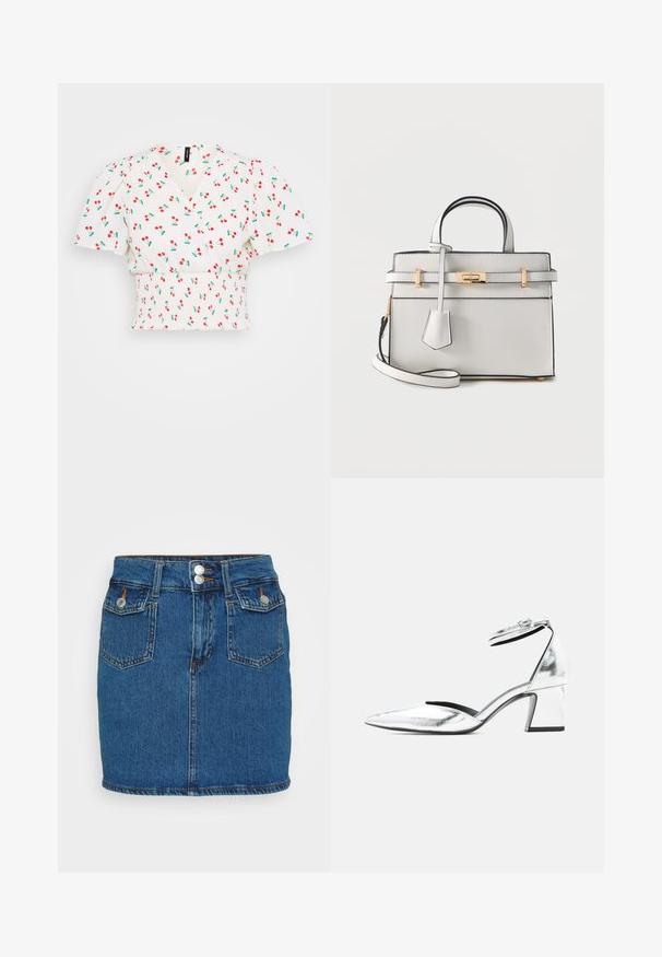 Witte crop top met een wikkeldesign, pofmouwen, gerimpelde taille en een rode kersenprint met groene bladeren. Zachte stoftextuur.; Denim minirok, donkerblauw, met een hoge taille, twee knopen aan de voorkant, vijf zakken en contrasterende stiksels langs de zoom.; Zilverkleurige metalen lage blokhak schoen met puntige neus en enkelbandje met gesp op witte achtergrond.; Kleine witte handtas met bovenhandvatten, een afneembare schouderriem en gouden gespdetail op de voorklep.