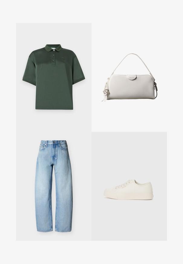 Polo shirt vert foncé en tissu lisse, dotée d'un col, de trois boutons, de manches courtes et d'un accent logo subtil sur la poitrine.; Jean en denim bleu clair à coupe droite avec cinq poches, passants pour ceinture et fermeture à bouton sur le devant.; Baskets en toile écrue, avec un design basse, bout rond et semelle en caoutchouc plate avec des détails de couture subtils.; Sac à main rectangulaire blanc Calvin Klein avec une seule poignée, design minimaliste et pampilles décoratives avec un charm métallique géométrique sur le côté.
