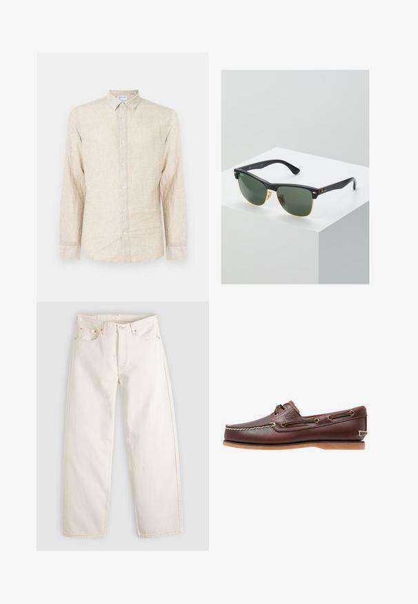 Beige overhemd met lange mouwen, gemaakt van gestructureerde stof, met een klassieke kraag, knoopsluiting en een ontspannen pasvorm.; Off-white jeans met rechte pijpen, vijf zakken, riemlussen, knoopsluiting en zichtbare stiksels op een lichte achtergrond.; Bruine leren bootschoen met witte stiksels, veterdetails en beige rubberen zool, zijaanzicht op een witte achtergrond.; Ray-Ban zonnebrillen met groene lenzen, zwarte plastic monturen en gouden accenten aan de randen. Vierkante vorm met een matte afwerking.