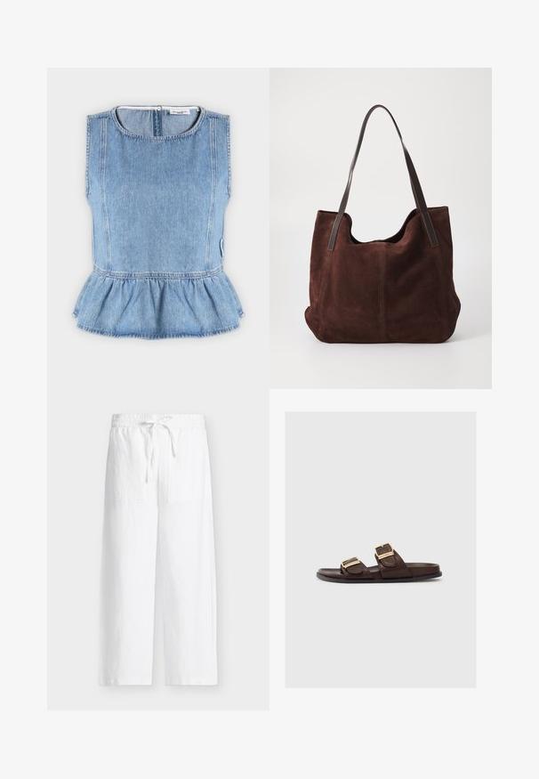 Haut en denim bleu clair sans manches avec col rond et bas à volant, avec des coutures verticales et une fermeture à bouton au dos.; Pantalon blanc à jambes larges avec taille élastique, cordon de serrage et deux grandes poches plaquées à l'avant sur fond clair.; Sandales en cuir marron avec deux larges sangles, chacune dotée d'une boucle en métal doré. Semelle plate, design simple, sans motifs ou accents visibles.; Sac fourre-tout en daim marron avec deux anses en cuir noir. Texture douce, haut arrondi et un intérieur spacieux. Aucun matériel ou embellissement visible.