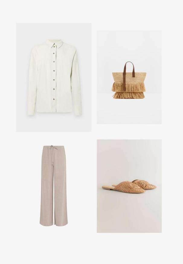 Langärmeliges, hellbeiges Hemd aus strukturiertem Stoff, mit durchgehender Knopfleiste mit metallischen Knöpfen und klassischem Kragen.; Beige Leinenhose mit weitem Bein, elastischem Bund und vorderem Kordelzug, entworfen für eine entspannte Passform und lässiges Tragen.; Geflochtene Ledersandalen in hellbraun, mit einem übergroßen geflochtenen Obermaterial und flachem Absatz. Die spitze Zehenpartie sorgt für einen eleganten Look.; Geflochtene Strohtasche mit zwei Lagen Strohborte und hellbraunen Ledergriffen, die auf einer weißen Oberfläche aufrecht steht.
