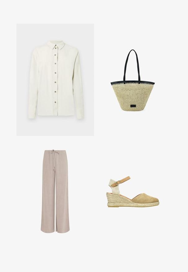 Camisa de manga larga color beige claro hecha de tela texturizada, con cierre frontal de botones metálicos y cuello clásico.; Pantalones de lino beige de pierna ancha con cintura elástica y cordón frontal, diseñados para un ajuste relajado y uso casual.; Cuña de esparto de ante beige con suela de yute natural, correa de tobillo ajustable en tono marrón y un detalle de tela trenzada en el tacón.; Bolso tote tejido de paja beige con ribete negro y asas largas negras, con un pequeño parche rectangular negro en la parte delantera.