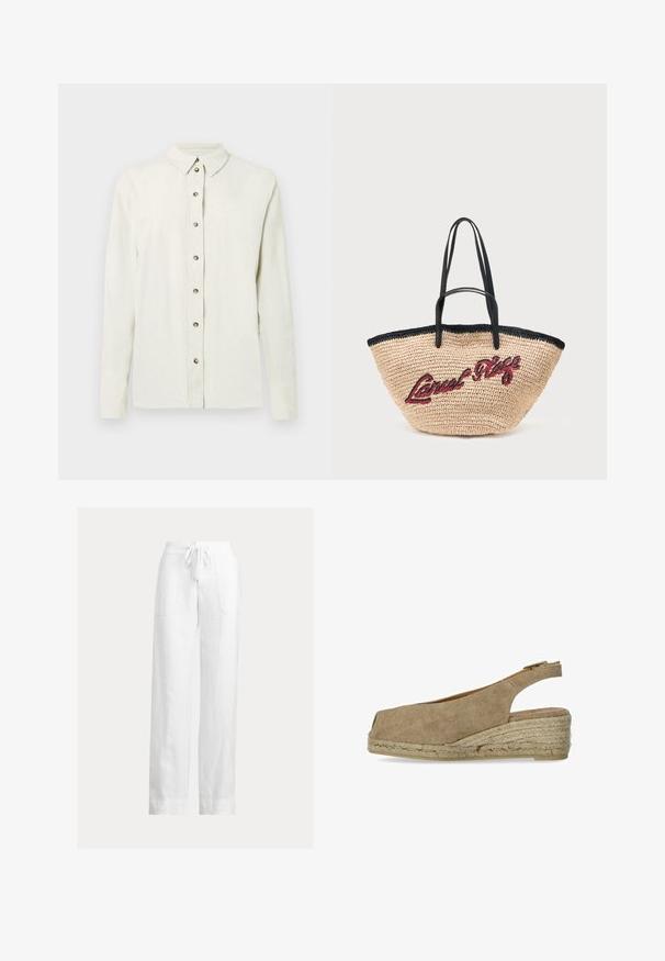 Camisa de manga larga color beige claro hecha de tela texturizada, con cierre frontal de botones metálicos y cuello clásico.; Pantalones blancos de lino con cintura de cordón, diseño de pierna ancha y dos bolsillos laterales. Textura suave con una apariencia ligera y aireada.; Castañer DOSALIA - Alpargatas - sand; Bolsa tote beige tejida con borde y asas negras, con texto en cursiva roja "Local Vibe" bordado en el frente.