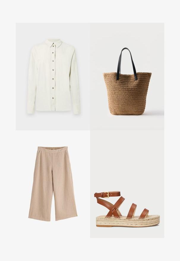 Camisa de manga larga color beige claro hecha de tela texturizada, con cierre frontal de botones metálicos y cuello clásico.; Pantalones beige de pierna ancha y corte cropped con cintura elástica y bolsillos laterales, hechos de tela ligera.; Sandalia de cuero marrón con tres tiras y hebilla en el tobillo, que cuenta con una suela de yute trenzado para mayor textura y altura.; Bolso tote tejido de color beige con asas de cuero negro, de pie contra un fondo claro y sencillo.