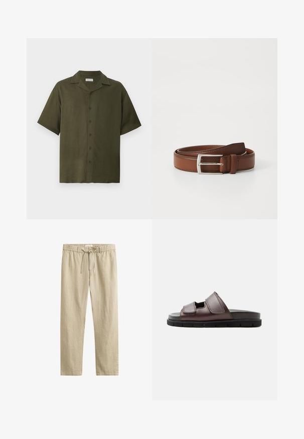 Chemise vert olive à manches courtes avec col camp et six boutons sur le devant, fabriquée en tissu texturé lin.; Pantalon beige droit avec taille élastique, fermeture par bouton et cordon, confectionné en tissu léger.; Sandale en cuir marron avec deux brides Velcro ajustables et une semelle noire coussinée sur fond blanc.; Ceinture en cuir brun au fini lisse, avec une boucle en métal argenté et une couture subtile le long des bords. Design classique et durable.