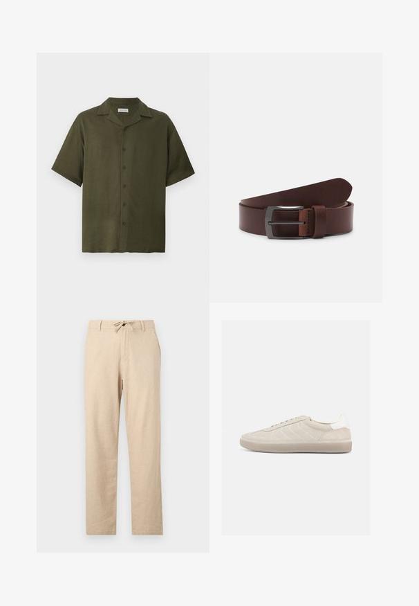 Chemise vert olive à manches courtes avec col camp et six boutons sur le devant, fabriquée en tissu texturé lin.; Pantalons en lin beige clair avec taille à cordon, coupe droite, poches avant et texture lisse. Design minimaliste sans motifs.; Baskets en daim beige avec une tige texturée, un contrefort de talon blanc lisse, de fines lacets et une semelle extérieure en caoutchouc. Présente un design bas profil.; Ceinture en cuir brun avec une texture lisse, dotée d'une pointe courbée et d'une boucle métallique rectangulaire au fini sombre.