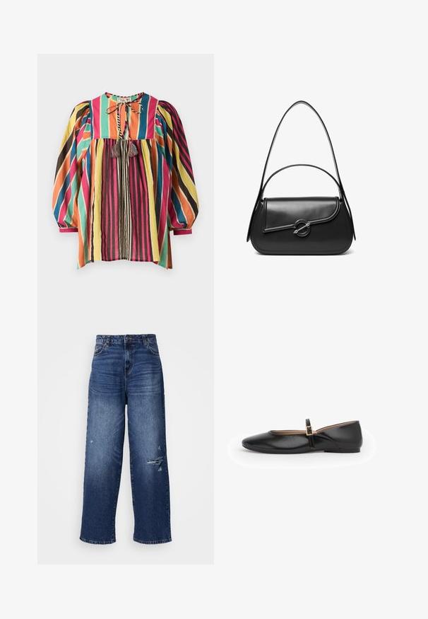 Farverig, stribet bluse med rund halsudskæring, pufærmer og frynse detaljer. Stoffet er let og åndbart.; Bredde blå denim jeans med et slidt design, der har flosset kant og falmede sektioner, som giver en afslappet pasform og klassisk look.; Sort læder flad sko med rundet tå og en tynd rem med en lille guldlås, vist i profil på hvid baggrund.; Sort skuldertaske i læder med en buet klap, der er fastgjort med en rund metal spænde, og en slank, justerbar rem.