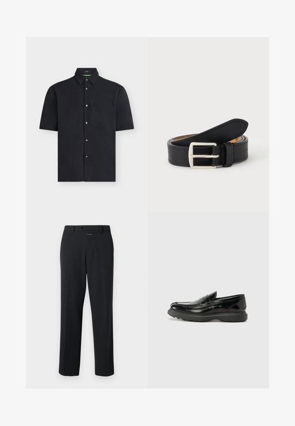 Chemise noire à manches courtes boutonnée avec col pointu et poche poitrine zippée sur le côté gauche.; Pantalon noir à coupe droite, en tissu lisse. Il présente une fermeture à bouton à l'avant et des détails de couture subtils. Conception simple sans motifs.; Mocassin en cuir noir avec une finition brillante, bout arrondi, détails de couture subtils et semelle en caoutchouc épaisse pour la durabilité.; Ceinture en cuir noir roulée avec une boucle en métal argenté rectangulaire visible sur un fond clair uni.