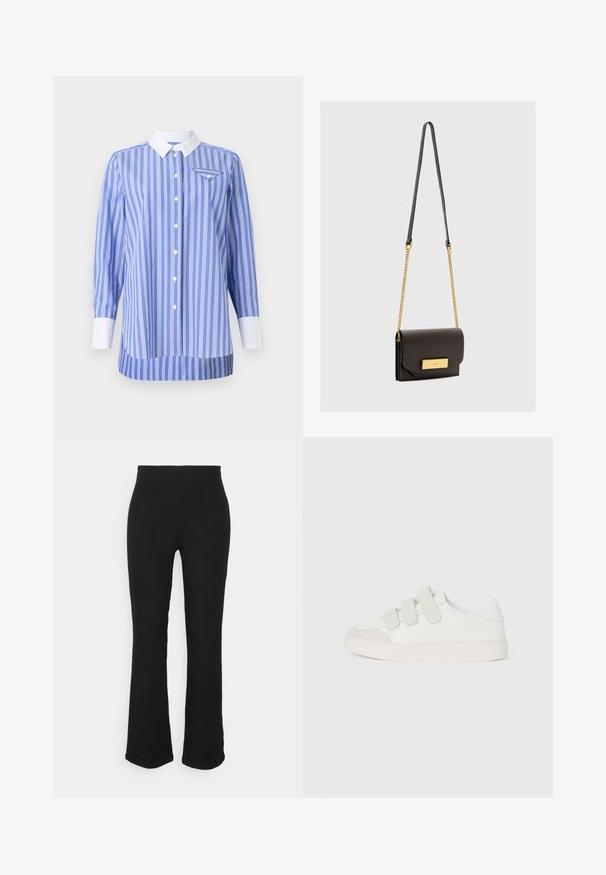 Blauw-wit gestreepte shirt met lange mouwen, knoopsluiting aan de voorkant en een witte kraag en manchetten. Bevat een klein zakje op de linkerborst.; DAY Birger et Mikkelsen MADISSON - Bootcut jeans - black; Witte sneaker met een gladde leren bovenkant, drie klittenbandbandjes op de wreef, ronde neus en een chunky lichtgekleurde rubberen zool.; Zwarte leren crossbodytas met een gouden kettingriem, een klepafsluiting en een rechthoekig gouden accent aan de voorkant. Soepele textuur.