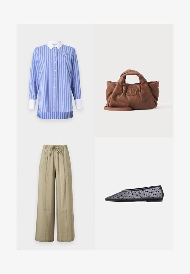 Blauw-wit gestreepte shirt met lange mouwen, knoopsluiting aan de voorkant en een witte kraag en manchetten. Bevat een klein zakje op de linkerborst.; Beige broek met wijde pijpen, elastische tailleband en een strik aan de voorkant, gemaakt van lichtgewicht stof voor casual gebruik.; Zwarte platte schoen met puntige neus, doorschijnende stof en zwart polkadotpatroon op een lichte achtergrond.; Zachte bruine leren handtas met korte handgrepen, een vooraan gestikt logo en een afneembare lange band op een effen lichte achtergrond.