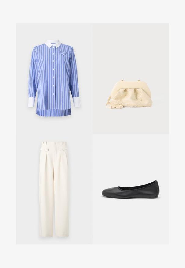 Camisa a rayas azul y blanca de manga larga, con botones en el frente y cuello y puños blancos. Presenta un pequeño bolsillo en el lado izquierdo del pecho.; Pantalones de pierna ancha en color crema con pliegues, que presentan un diseño de cintura alta, dos bolsillos delanteros y una tela lisa y texturizada.; Bailarina de piel negra con punta redondeada, textura suave, detalle de costura minimalista y diseño de suela flexible.; Bolso de tela color crema con bordado floral, marco superior redondeado y suave, y correa ajustable, colocado en primer plano sobre un fondo gris claro.