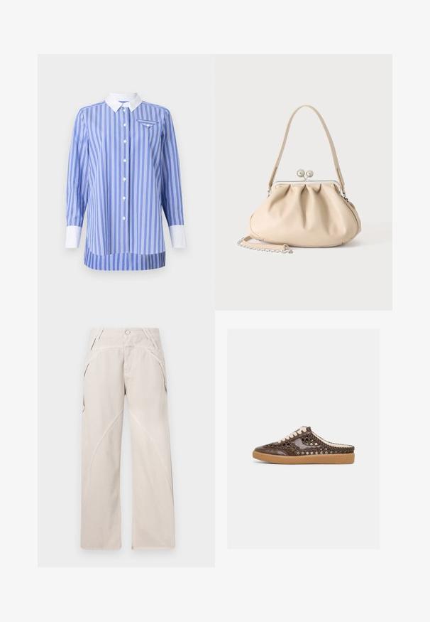 Blauw-wit gestreepte shirt met lange mouwen, knoopsluiting aan de voorkant en een witte kraag en manchetten. Bevat een klein zakje op de linkerborst.; Beige wijde broek gemaakt van een katoenmix, met gebogen naaddetails, een knoopsluiting en zijzakken. Plat voorpand ontwerp.; Bruine geweven leren instapsneaker met witte veters en een beige rubberen zool, getoond in profiel op een effen lichte achtergrond.; Beige zachte leren handtas met een zilveren metalen frame sluiting, een enkele schouderriem en een optionele kettingriem op een witte achtergrond.