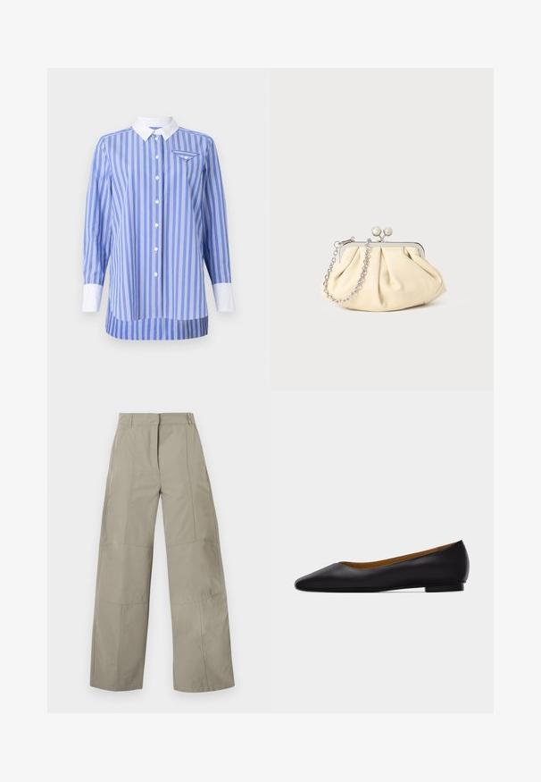 Blauw-wit gestreepte shirt met lange mouwen, knoopsluiting aan de voorkant en een witte kraag en manchetten. Bevat een klein zakje op de linkerborst.; Beige broek met wijde pijpen, hoge taille, riemlussen, details met voornaad en een verborgen sluiting aan de voorkant.; Zwarte leren puntschoen met lage hak en gladde afwerking, zijaanzicht op een lichtgrijze achtergrond.; Geplooide beige leren clutch met een zilveren metalen frame, voorzien van twee ronde decoratieve sluitingen en een zilveren kettingriem.