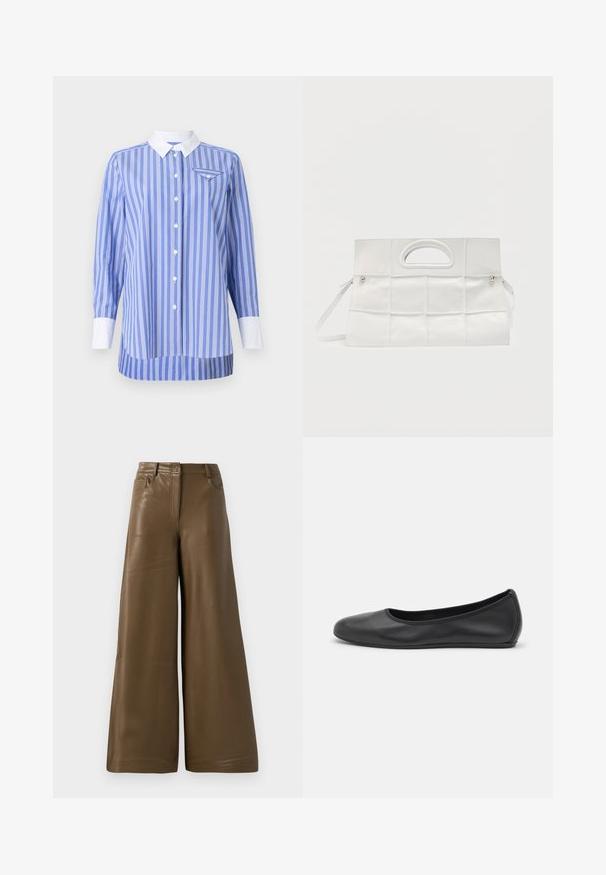 Blauw-wit gestreepte shirt met lange mouwen, knoopsluiting aan de voorkant en een witte kraag en manchetten. Bevat een klein zakje op de linkerborst.; Brede broek van glad, bruin faux leder. Heeft een hoge taille, vier zakken en een rits aan de voorkant. Voorzien van een vlakke textuur en minimalistisch design.; Zwarte leren ballerina met een ronde neus, gladde textuur, minimale stikdetails en een flexibele zoolontwerp.; Witte rechthoekige handtas met een geweven leren patroon, uitsnede handvat aan de bovenkant en afneembare schouderriem op een effen achtergrond.