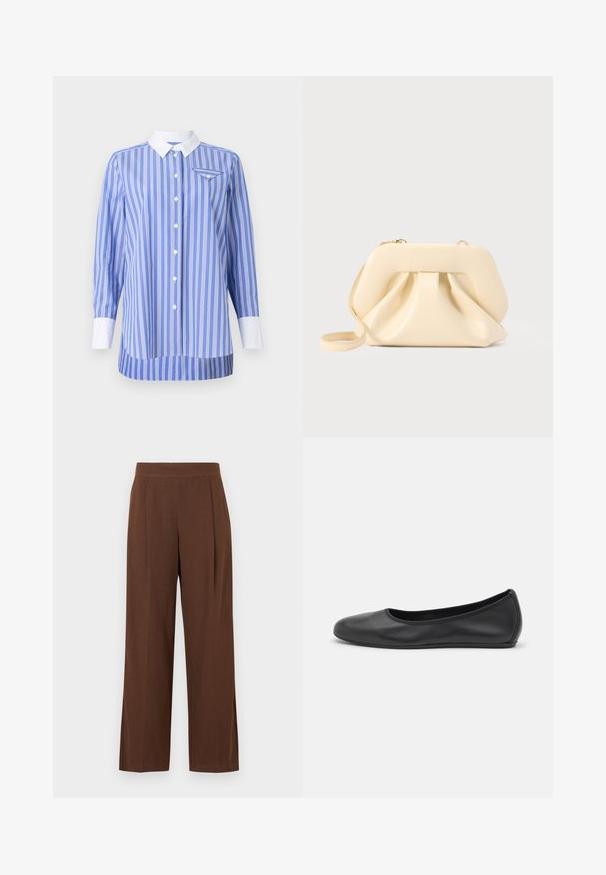 Blauw-wit gestreepte shirt met lange mouwen, knoopsluiting aan de voorkant en een witte kraag en manchetten. Bevat een klein zakje op de linkerborst.; Bruine wijde broekspijpen met een gladde textuur, voorzien van een platte voorkant en plooien. De tailleband is elastisch voor comfort en pasvorm.; Zwarte leren ballerina met een ronde neus, gladde textuur, minimale stikdetails en een flexibele zoolontwerp.; Beige zachte leren clutch met gestructureerd frame en geplooid voorkantdetail, voorzien van een dunne polsriem en een gouden rits.