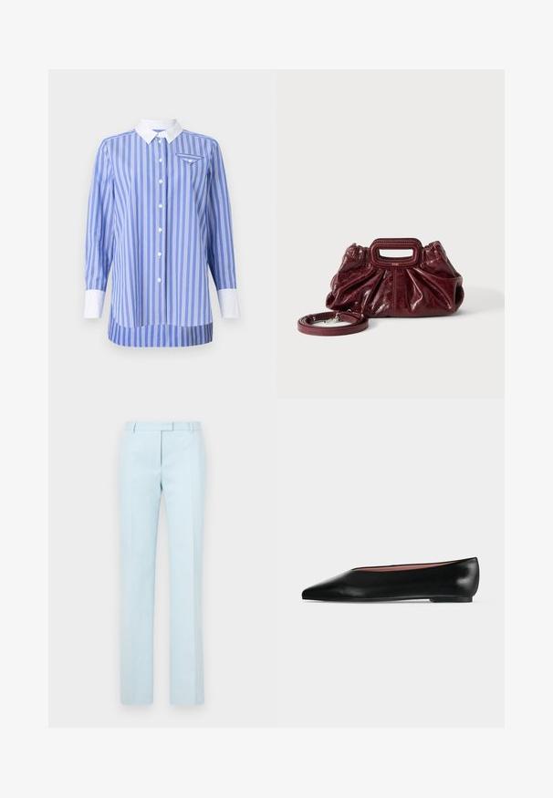 Blauw-wit gestreepte shirt met lange mouwen, knoopsluiting aan de voorkant en een witte kraag en manchetten. Bevat een klein zakje op de linkerborst.; Lichtblauwe op maat gemaakte broek met rechte benen, platte voorkant en riemlussen. Gemaakt van een gladde stof, met subtiele textuur en strakke lijnen.; Zwarte leren damesschoen met platte zool, puntige neus en lage hak, zijwaarts afgebeeld tegen een effen lichtgrijze achtergrond.; Kleine donkerrode leren handtas met geplooide textuur, rechthoekig handvat met uitsparing en afneembare schouderriem tegen een witte achtergrond.