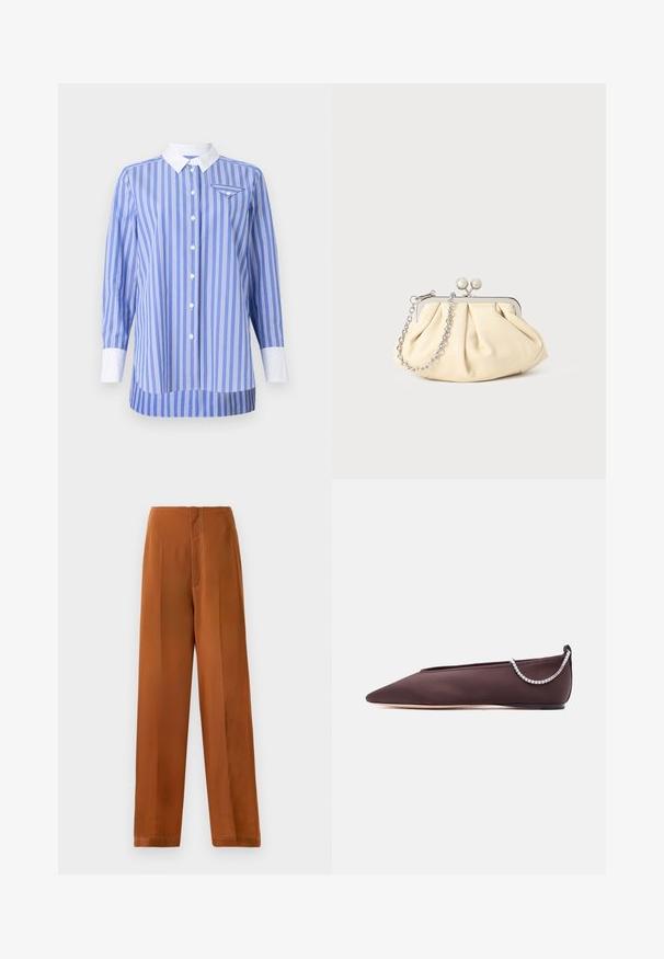 Camisa a rayas azul y blanca de manga larga, con botones en el frente y cuello y puños blancos. Presenta un pequeño bolsillo en el lado izquierdo del pecho.; Pantalones de pierna ancha en un color marrón cálido, con una textura suave, cintura alta y costuras en blanco que contrastan a lo largo de las costuras.; Zapato plano de punta fina de color marrón oscuro con un tacón bajo y un detalle de cadena de pedrería plateada en la parte trasera.; Clutch de cuero beige plisado con un marco de metal plateado, que cuenta con dos broches decorativos redondos y una correa de cadena plateada.