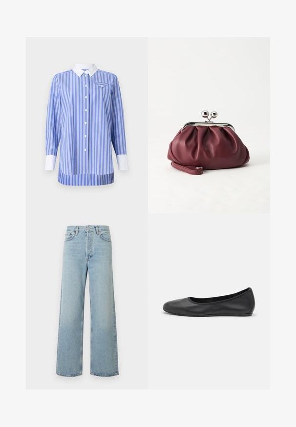 Blauw-wit gestreepte shirt met lange mouwen, knoopsluiting aan de voorkant en een witte kraag en manchetten. Bevat een klein zakje op de linkerborst.; Lichtblauwe wijde jeans van denimstof met een hoge taille. Voorzien van vijf zakken, een knoopsluiting en een subtiele verweerde textuur.; Zwarte leren ballerina met een ronde neus, gladde textuur, minimale stikdetails en een flexibele zoolontwerp.; Kleine bordeauxrode leren clutch-portemonnee met zilverkleurige metalen sluiting en polsbandje op een witte achtergrond.