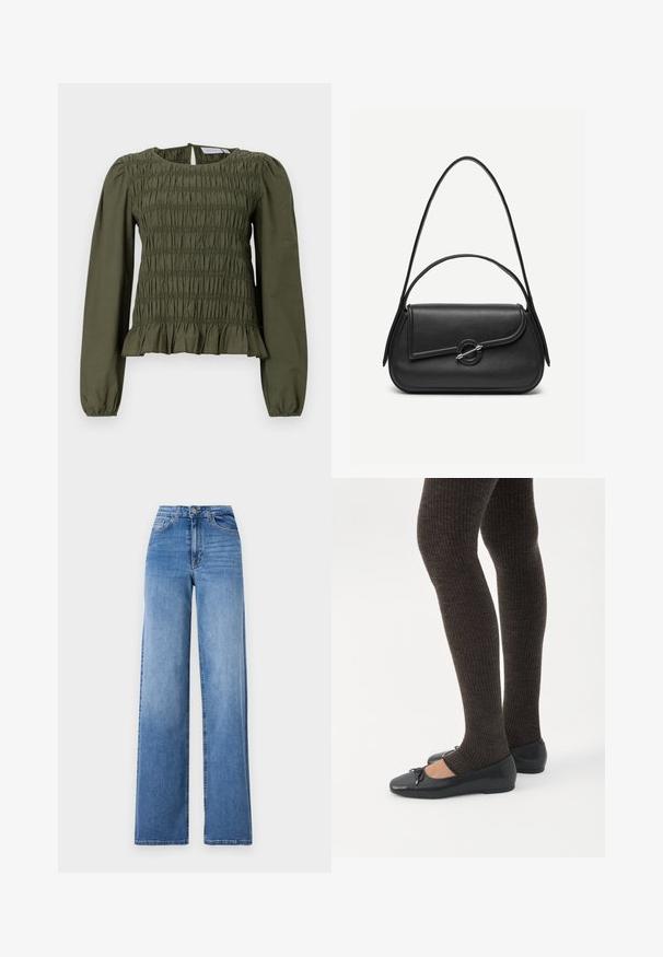 Haut à manches longues vert olive avec une texture smockée et un ourlet froncé. Encolure arrondie avec une fermeture à bouton dans le dos. Fabriqué en tissu léger.; Jeans en denim bleu clair à jambes larges, dotés d'une taille haute, de poches avant et d'une fermeture à bouton standard. Texture lisse.; Jambes portant des leggings côtelés foncés associés à des ballerines noires avec de petits détails en nœud sur fond blanc.; Sac à main en cuir noir avec bords arrondis, rabat asymétrique, fermoir circulaire en métal, et des bandoulières courtes et longues.