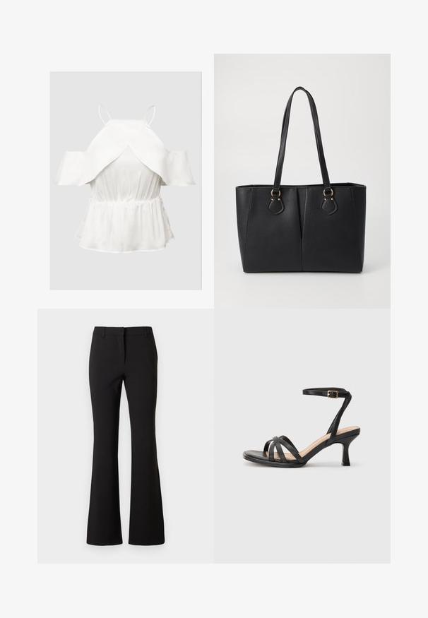 Witte off-shoulder top met gefronkle mouwen, textuurstof, getailleerde taille en een uitlopende zoom. Dunne verstelbare spaghettibandjes.; Zwarte wijde broek van gladde stof, met een voorplooi, riemlussen en een getailleerde pasvorm. Eenvoudig ontwerp zonder zichtbare patronen.; Zwarte sandalen met hakken, voorzien van meerdere dunne banden over de tenen, een enkele enkelband met een gouden gesp en een vierkante neus.; Zwarte neplederen tote bag met een gestructureerde afwerking, twee lange handvatten en goudkleurige hardware-accenten aan de zijkant. Rechthoekige vorm.