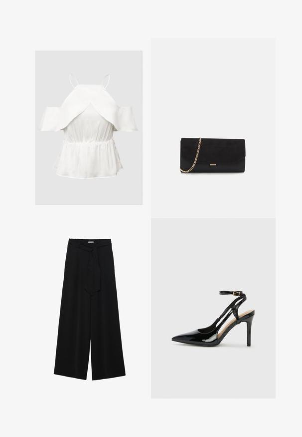 Witte off-shoulder top met gefronkle mouwen, textuurstof, getailleerde taille en een uitlopende zoom. Dunne verstelbare spaghettibandjes.; Zwarte wijde broek van textuurstof, met een elastische tailleband en een afneembare sjaalstrik in de taille voor een verstelbare pasvorm.; Zwarte lakleren hoge hak slingback schoenen met spitse neus, verstelbare enkelband en open zijkanten. Gladde textuur.; Zwarte clutch tas gemaakt van suede met een textuurafwerking, voorzien van een gouden schouderband en een strakke, hoekige vorm.