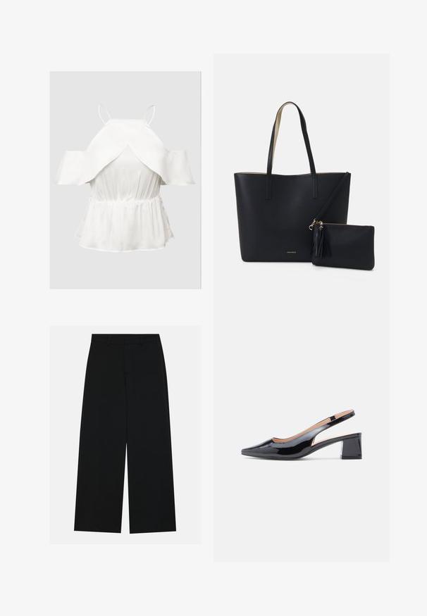 Witte off-shoulder top met gefronkle mouwen, textuurstof, getailleerde taille en een uitlopende zoom. Dunne verstelbare spaghettibandjes.; Zwart, wijde broek van een gladde stof. Heeft een plat tailleband met riemlussen en geen zichtbare zakken. Eenvoudig ontwerp.; Zwarte lakleren slingback pumps met een spits toelopende neus en een stevige blokhak, met een uitgesneden detail aan de zijkanten.; Zwarte totebag van gestructureerd materiaal, met twee lange handvatten en een afneembare tas met rits voorzien van een franjesdetail. Gouden merklogo zichtbaar.